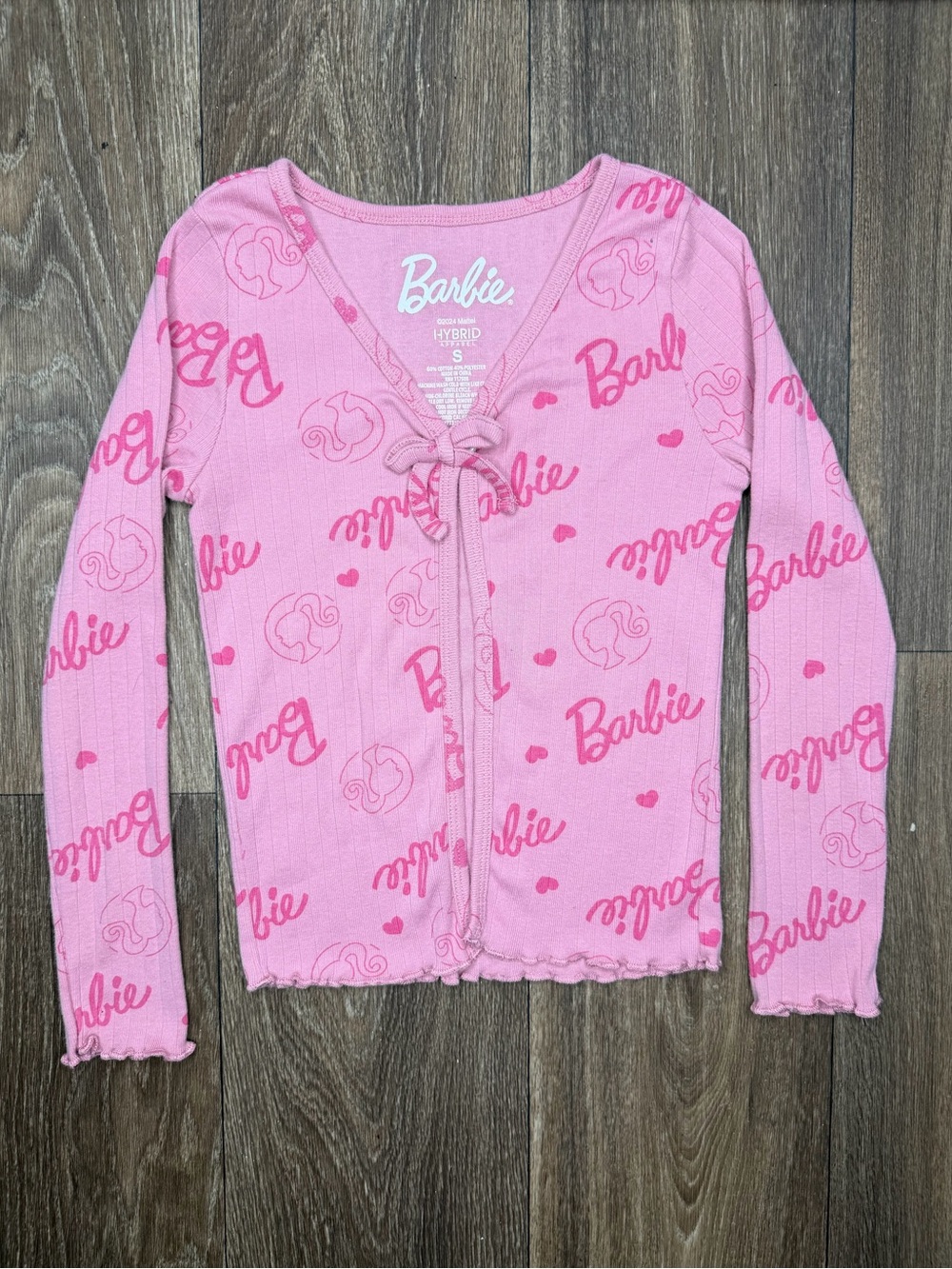 Barbie Pink Tie-Front Long Sleeve Logo Top